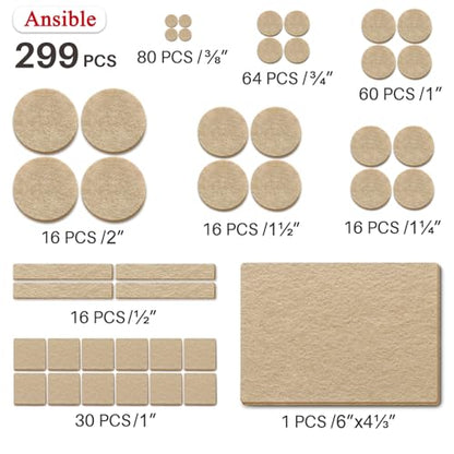 Ansible 299 PCS Felt Furniture Pads, Furniture Pads for Hardwood Floors, Chair Leg Feet Wood Floor Protectors (Beige) - size: 299 PCS Beige