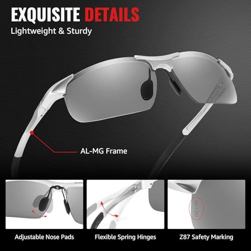 TJUTR Mens Photochromic Sunglasses Day & Night Driving Z87 Sun Glasses Polarized UV400 Protection Safety Glasses - color: B Silver/Z87 Photochromic Polarized Safety Lens