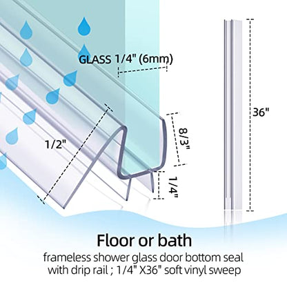 POZIA Shower Door Bottom Seal Frameless Glass Shower Door Seal Strip Clear Vinyl Durable Stop Shower Leaks and Create a Water Barrier Ultra Clear (1PACK-1/4in) - style: 1PACK-1/4in