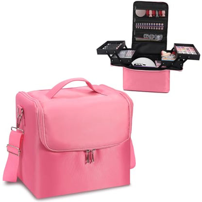 Deciniee Large Pink Makeup Nail Polish Organizer Bag, 4 Tier Professional Makeup Case, Waterproof Nylon, Travel/On-the-go Makeup Storage - color: Pink Regular