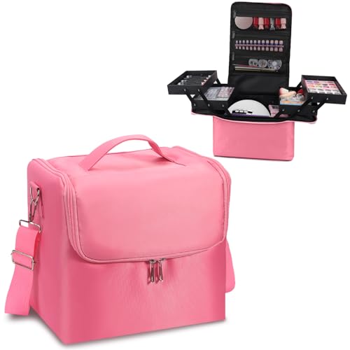Deciniee Large Pink Makeup Nail Polish Organizer Bag, 4 Tier Professional Makeup Case, Waterproof Nylon, Travel/On-the-go Makeup Storage - color: Pink Regular