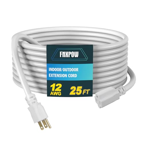 Indoor Outdoor Extension Cord, 12 Gauge 3 Prong Weatherproof Heavy Duty White Extension Cords，12/3 SJTW 15A 25 FT Extension Cable for Garage, Garden and Home, UL Listed - color: White, size: 25FT