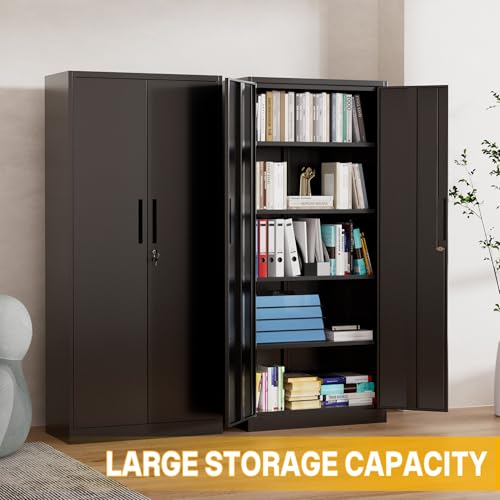 Metal Storage Cabinet with 2 Doors and 4 Adjustable Shelves, 72" Garage Storage Cabinet with Lock, Tall Garage Cabinets for Office, Home, Garage, Gym, School - size: 72.05"H x 17.72"D x 35.43"W