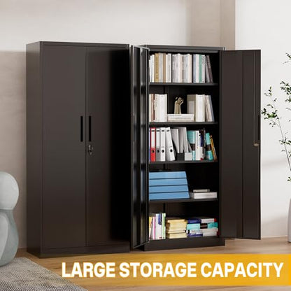 Metal Storage Cabinet with 2 Doors and 4 Adjustable Shelves, 72" Garage Storage Cabinet with Lock, Tall Garage Cabinets for Office, Home, Garage, Gym, School - size: 72.05"H x 17.72"D x 35.43"W