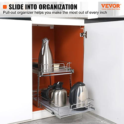 VEVOR Pull Out Cabinet Organizer, 14" Wx21.2 Dx15.2 H Heavy 2 Tier Duty Slide Out Pantry Shelves, Chrome-Plated Steel Roll Out Drawer for Under Sink, 15.5" Wx22.5 Dx19 H Install Size for Cabinet - size: 14"wx21.2"dx15.2"h