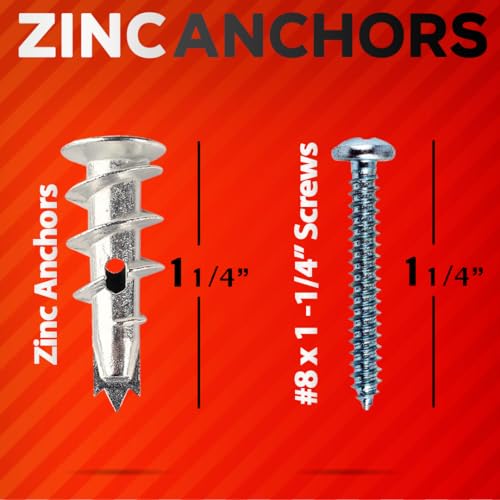CrimsonMark 120Pcs Zinc Self Drilling Drywall Anchors and Screws kit #8 x 1-1/4”- Metal Wall Anchors for Drywall Heavy Duty, Holds Upto 50lbs – No Drill Hole Required with Dry Wall Screws and Anchors