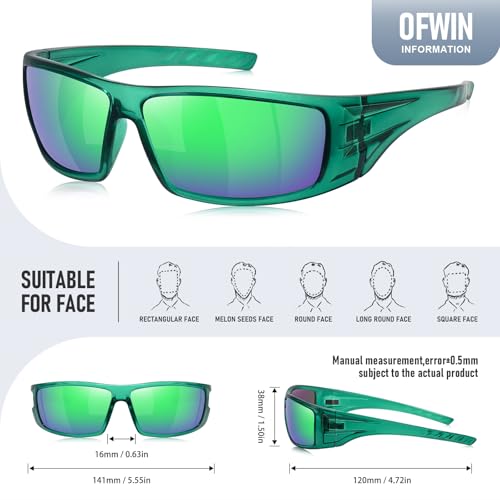 Polarized Sports Sunglasses for Men Women Unbreakable Frame Cycling Fishing Wrap Around Sunglasses UV400 Protection - color: 1-clear Green Frame/Green Mirror Lens