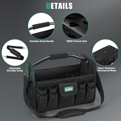 17 Inch Tool Bag,Electrician Tool Bags,Heavy Duty Open Top Tool Tote,31 Pocket Tool Box Organizer with Stainless Steel Handle & Adjustable Shoulder Strap, Black/Green