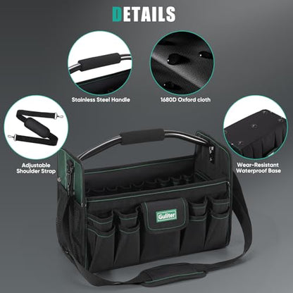 17 Inch Tool Bag,Electrician Tool Bags,Heavy Duty Open Top Tool Tote,31 Pocket Tool Box Organizer with Stainless Steel Handle & Adjustable Shoulder Strap, Black/Green