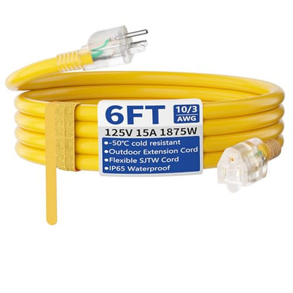 6ft Outdoor/Indoor Extension Cord with Lighted 10/3 Gauge Ultra 3 Prong Heavy Duty SJTW, Waterproof, Flexible Cold-Resistant,15A 125V 1875W, Yellow - size: 6FT