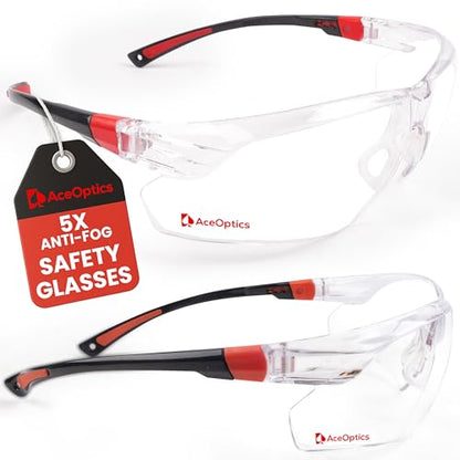 Safety Glasses – ANSI Z87 Certified, 5X Anti-Fog ClearShield™ Lenses with Premium Hard Case & Accessory Bundle - color: Red & Black / Clear
