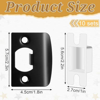 10 Pcs Door Strike Plate, Black Stainless Steel Door Lock Strike Plate Standard Doors Latch Restorer Reinforcement Kit Includes Buckle Box and Screws for Home, Office (2.3 x 1.8 Inch)