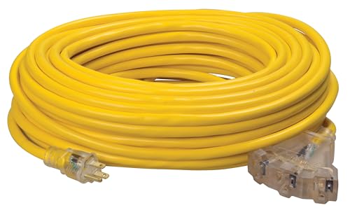 Southwire Heavy Duty Extension Cord, 100ft, 12 Gauge, 3 Conductor, General Purpose Cord, Lighted End, SJTW, Yellow, 4189SW8802