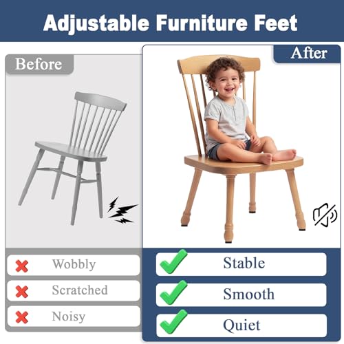 1/4” Thread Leveling Feet, 12 PCS Adjustable Furniture Levelers for Uneven Floors, Heavy Duty Screw-in Table Leg Levelers with Felt Pads, for Table, Cabinets, Chairs, Stool Legs