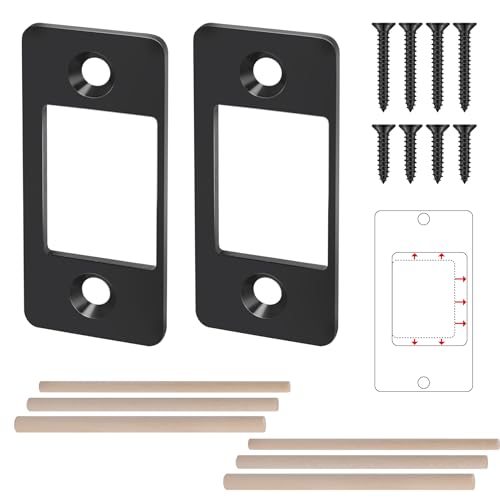 2 Pk Upgrade Large Hole Deadbolt Restorer Strike Plates, Stainless Steel Round Corner Latch Strike Plate with Wood Dowel Strips,Universal Backplate for Home Door Easy Repair Misalignment（Matte Black） - color: Black-2