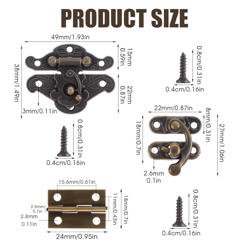 72 Pcs Retro Jewelry Box Hinges and Latches Hooks, Small Latches Hinges for Wooden Boxes Hardware, Antique Cabinet Furniture Hinge Hasp Clasp (Bronze Tone)