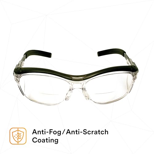 3M Safety Glasses with Readers, Nuvo Readers, +2.0 Diopter, Pack of 1, ANSI Z87, Clear Lens, Gray Frame, Soft Nose Bridge, Side Shields - color: Clear Lens (+2.0), Gray Frame, size: +2.0 Diopter