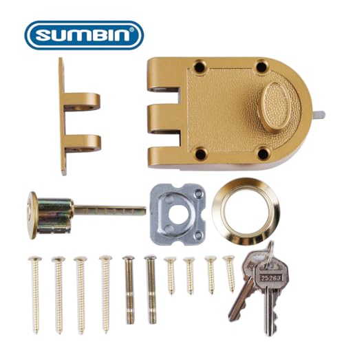 Jimmy Proof Rim Door Lock for Front Antique Entry Door with Flat Striker in Gold Finish