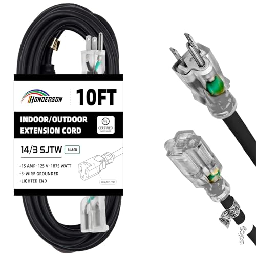 Indoor Outdoor Extension Cord Weatherproof with Lighted End, UL Certified, 14 Gauge 10FT Black 3 Prong Heavy Duty, 14/3 SJTW 15A Power Cord for Outdoor Lights, Lawn - size: 10FT, style: 14/3