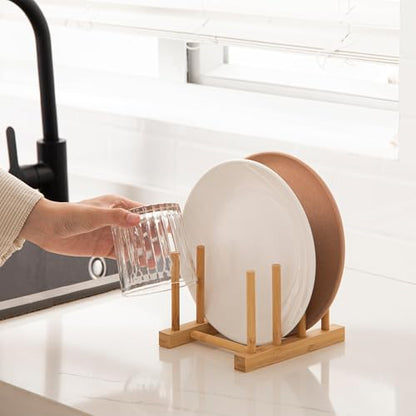 HBlife Bamboo Dish Plate Bowl Cup Book Pot Lid Cutting Board Drying Rack Stand Drainer Storage Holder Organizer Kitchen Cabinet（Keep Dry） - color: Bamboo 3 Slots 1pcs
