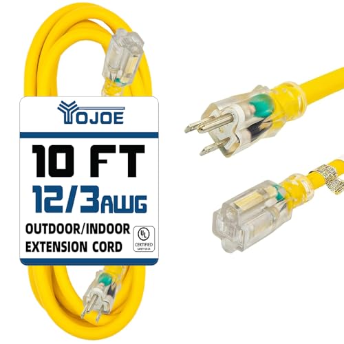 YOJOE Indoor Outdoor Extension Cord with Lighted End, 3 Prong 15A Weatherproof Power Cord, 12 Gauge Heavy Duty 10 ft Yellow Extension Cord for Garage, Garden and Home, 12/3 SJTW UL Listed - color: Yellow, size: 10 Foot, style: 12/3 Lighted-End