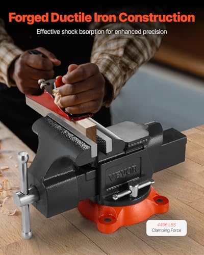 VEVOR Bench Vise, 5" Jaw Width, 5" Max Jaw Opening Multipurpose Vise with 360° Swivel Locking Base, 2.8" Throat Depth, Heavy Duty Ductile Iron Workbench Vise with Anvil, for Clamping Round Pipes - size: 5-inch