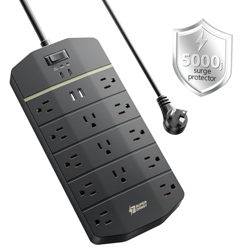 SUPERDANNY 15A Power Strip Surge Protector 5000 J with 13 AC Outlets 2 USB-A & 2 USB-C PD 20W Fast Charging Heavy Duty 14AWG/3C Industrial Grade 10ft Extension Cord for Workbench Home Office Black - color: Black, size: 10ft