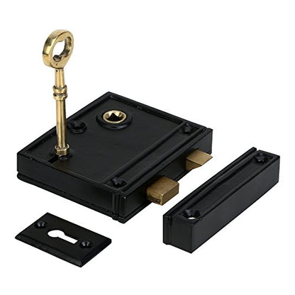 A29 Cast Iron Rim Lock Heavy Duty, Weather and Rust Resistant, Manual Latch for French & Screen Doors, Easy Install Hardware Included - Black Powder Coat Finish, Compact Size, 3.8" x 3.8", Vertical - style: Vertical Rim Lock