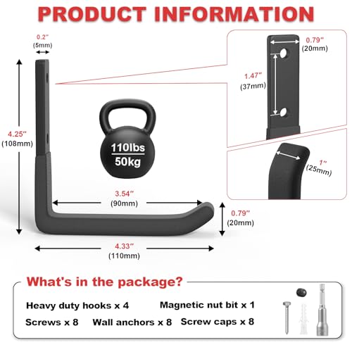 Heavy Duty Garage Hooks, 4 Inch Ladder Hooks for Garage Wall Ladder Hangers Wall Mount Wall Hooks for Hanging Ladders,Ropes, Hoses, Garden Tools(4 Pack) - size: 4 Pack (4 Inch)