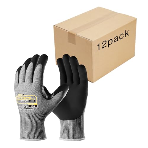 COOLJOB ANSI A5 Cut Resistant Gloves 12 Pairs, Nitrile Rubber Dipped Safety Work Gloves for Men, Knife Proof with Grip Coating for Construction Warehouse Glass Wood Work, Grey Large - size: Large, style: A5 Pack of 12