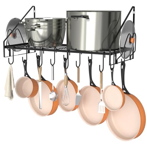 VyGrow 28 Inch Pot Rack Wall Mounted, Pots and Pans Organizer with 12 Hooks and 2 Pot Lid Holders, Heavy Duty Steel Pot and Pan Hanger for Kitchen Cookware Utensils Storage 34.7" Lx13 Wx12.6 H - color: 28"W 1 Tier Black
