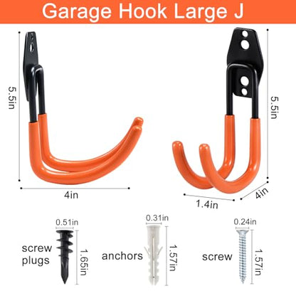 AOBEN Garage Hooks Heavy Duty, Steel Garage Storage Hooks, Utility Tool Hangers and Combinable Wall Mount for Organizing Ladders, Bikes, Hoses, and More Equipment (Large J, 10 Pack) - size: Large J Hooks, 10 Pack