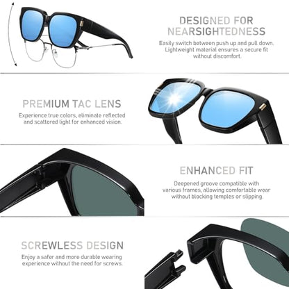 HAOLOTA Polarized Fit Over Glasses Sunglasses for Women Men Trendy Square Wrap Around Shades UV Protection - color: L Size 18 Black/Blue