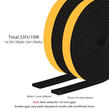High Density Foam Weather Stripping Door Seal Strip Insulation Tape Roll for Insulating Door Frame, Window, Air Conditioner Soundproof Self Adhesive Sealing Weatherstrip(1 in x 1/4 in x 33 Ft) - size: 1 in X 1/4 in X 33ft