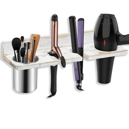 Hair Tool Organizer Wall Mounted, Sturdy Pine Wood Construction, Removable Stainless Steel Cup, Holds Hair Dryers, Straighteners, Curling Irons, Brushes, and More, White - color: White