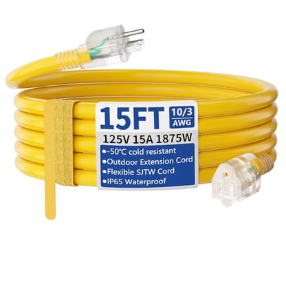 15ft Outdoor/Indoor Extension Cord with Lighted 10/3 Gauge Ultra 3 Prong Heavy Duty SJTW, Waterproof, Flexible Cold-Resistant,15A 125V 1875W, Yellow - size: 15FT
