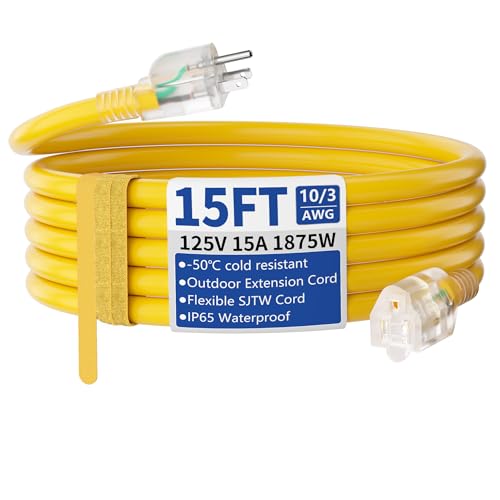 15ft Outdoor/Indoor Extension Cord with Lighted 10/3 Gauge Ultra 3 Prong Heavy Duty SJTW, Waterproof, Flexible Cold-Resistant,15A 125V 1875W, Yellow - size: 15FT