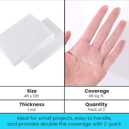VicMore Clear Plastic Drop Cloths - Water & Dustproof, Odorless Plastic Sheet for Renovations, DIY Projects - Durable Paint Tarp with 1mil Thickness - Floor Covering & Dust Cover - 4 x 12’ - 2 Pack - size: 4FT x 12FT, 2 PACK, MEDIUM-DUTY