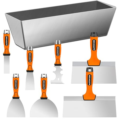 Matework Drywall Tools, 8-Piece Stainless Steel Drywall Knife Set, Putty Knives with Mud Pan, Tapping Knife with Hammer End and Ergonomic Grip for Wall Repair - color: 8 Pc