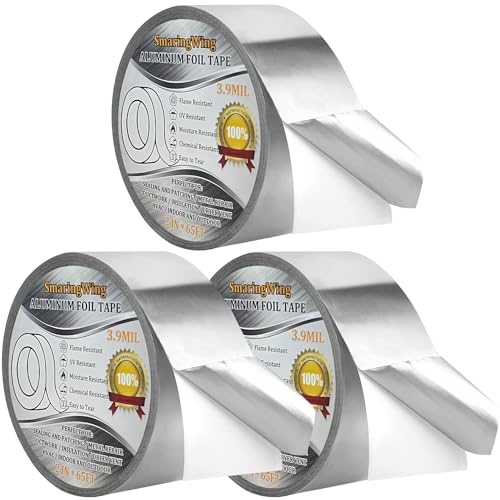 3PCS Aluminum Foil Duct Tapes Heavy Duty, Silver Metal Tape, Preminum Insulation Adhesive HVAC Tape (3.9mil,2"x65FT) High Temperature for Ductwork, Dryer Vent, Furnace, Patching Hot & Cold Air Ducts - size: 3-pack