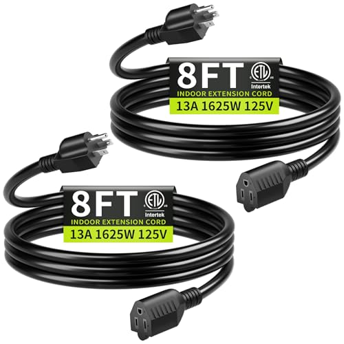 16/3 Black Extension Cord 8 FT (2Pack), Indoor Extension Cord for Laptops, Coffee Makers, Office Home Appliances, 3 Prong Resistant Cable Flexible, 13A 125V 1625W ETL Listed - color: Black, size: 8FT-2pc, style: 16AWG Extension Cord