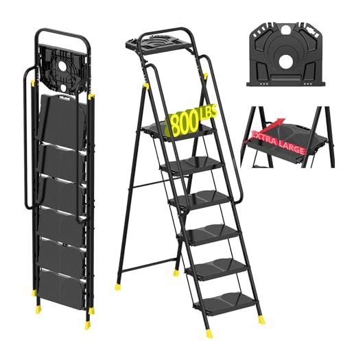 6 Step Foldable Step Ladder Stool with Roomy Tool Tray and Secure Handrail, Foldable Platform Ladder 6 Step Folding Stepstools with Wide Pedals and 800lbs Weight Capacity for Adults, Home, Kitchen - color: Black Yellow, size: 6 Step
