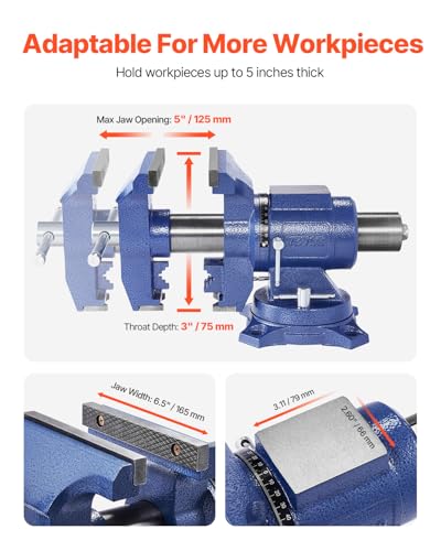 VEVOR Heavy Duty Bench Vise, 6-1/2" Jaw Width, 5" Max Jaw Opening Multi-Purpose Ductile Iron Bench Vise with Anvil, 360° Swivel Base Head, 3" Throat, 5620 lbs Clamp Force, for Pipe Repairing - size: 6.5inch