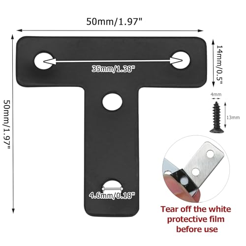 Zorfeter 20 Pcs Black T-Shape Corner Brackets, 50x50 mm/ 2"x2" T Flat Corner Brace Fixing Repair Plates for Shelves & Furniture, with Screws - size: 50x50mm/ 2"x2", style: T-Shape (Black)
