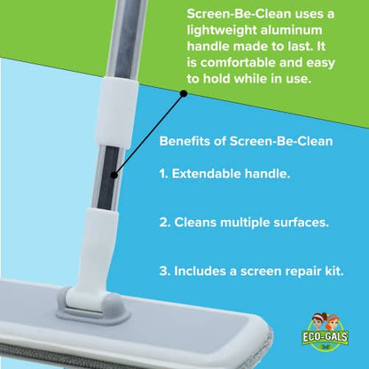 Eco-Gals Screen-Be-Clean All Purpose Screen Cleaner Brush, Duster, Window Squeegee Tool Kit for Wet and Dry Use on Glass Windows, Mesh Screens, and Pet Hair Remover. Plus Bonus Screen Repair Kit