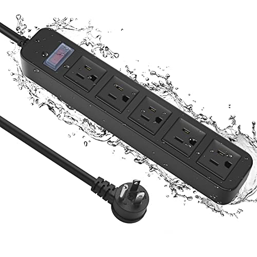 Outdoor Power Strip Waterproof with 5 Outlets, Garden Weatherproof Surge Protector, Christmas Multiple Outlet Exterior Socket for Lighting Appliances. 15FT Extension Cord Strip with Flat Plug. Black - size: 15ft, style: 5 Outlets