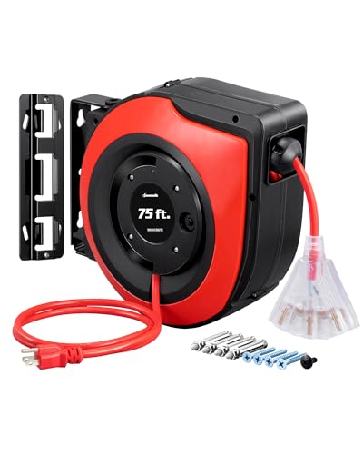 DEWENWILS Retractable Extension Cord Reel, 75 FT Heavy Duty Power Cord, 14/3C SJTOW Retractable Cord Reel, Lighted Triple Outlets, 10A Circuit Breaker, Wall/Ceiling Mount, UL Listed, Red - color: Red