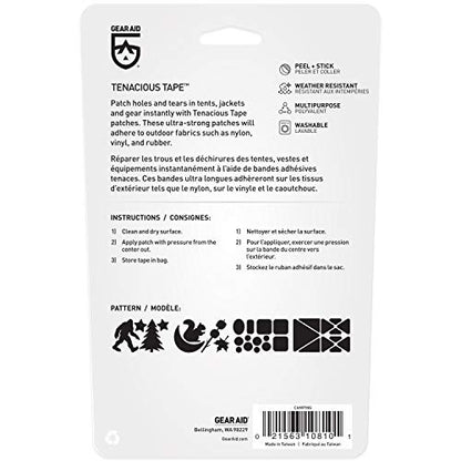 GEAR AID Tenacious Tape Repair Patches – Peel-and-Stick Nylon Gear Patches for Jackets, Tents, Sleeping Bags, Backpacks, and Outdoor Gear – Fix Rips, Tears, and Holes, Camping, 3”x20” - style: Camping Patches (32 Patches)