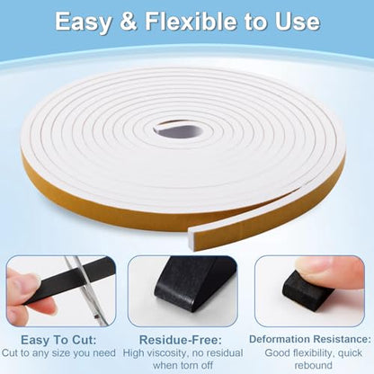 33Ft Weather Stripping Door Seal Strip, Strong Adhesive, Noise-Reduction, Weatherproof Foam Tape Insulation Weather Stripping Door Seal Foam Tape for Doors Windows 1/2 in Wide x 1/4 in Thick - size: 33FT-White