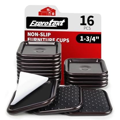 Ezprotekt 1 3/4" Non Slip Furniture Pads, 16 Pcs Anti Slip Furniture Caster Cups, Furniture Coasters for Hardwood Floors, Furniture Stoppers to Prevent Sliding - Prevent Floors Scratches, Brown/Black - size: 1-3/4 inch